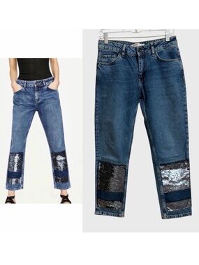 VTG NWOT ZARA Basic Women's Straight Boyfriend Sequin Patchwork Jeans Size 4